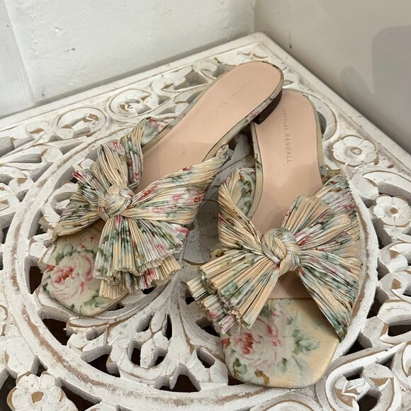 Loeffler Randall BHLDN Daphne Pleated Bow 10 Beige Floral Knotted Slide Flat - Picture 2 of 8